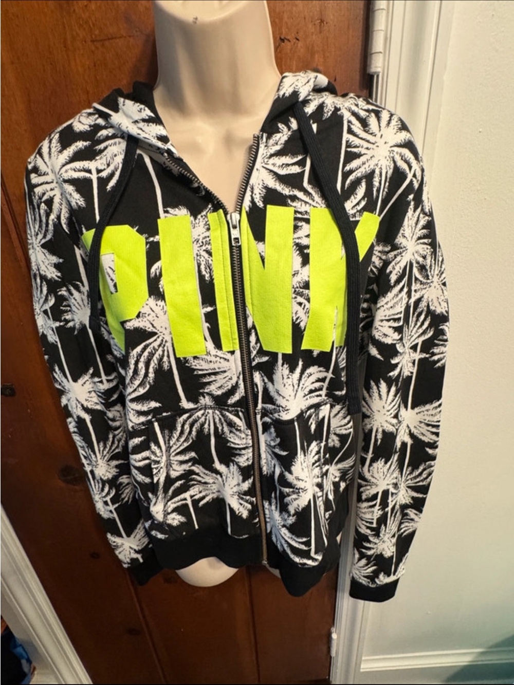 Victoria’s Secret PINK Palm Tree Full Zip Hoodie Black White Neon Green NWT